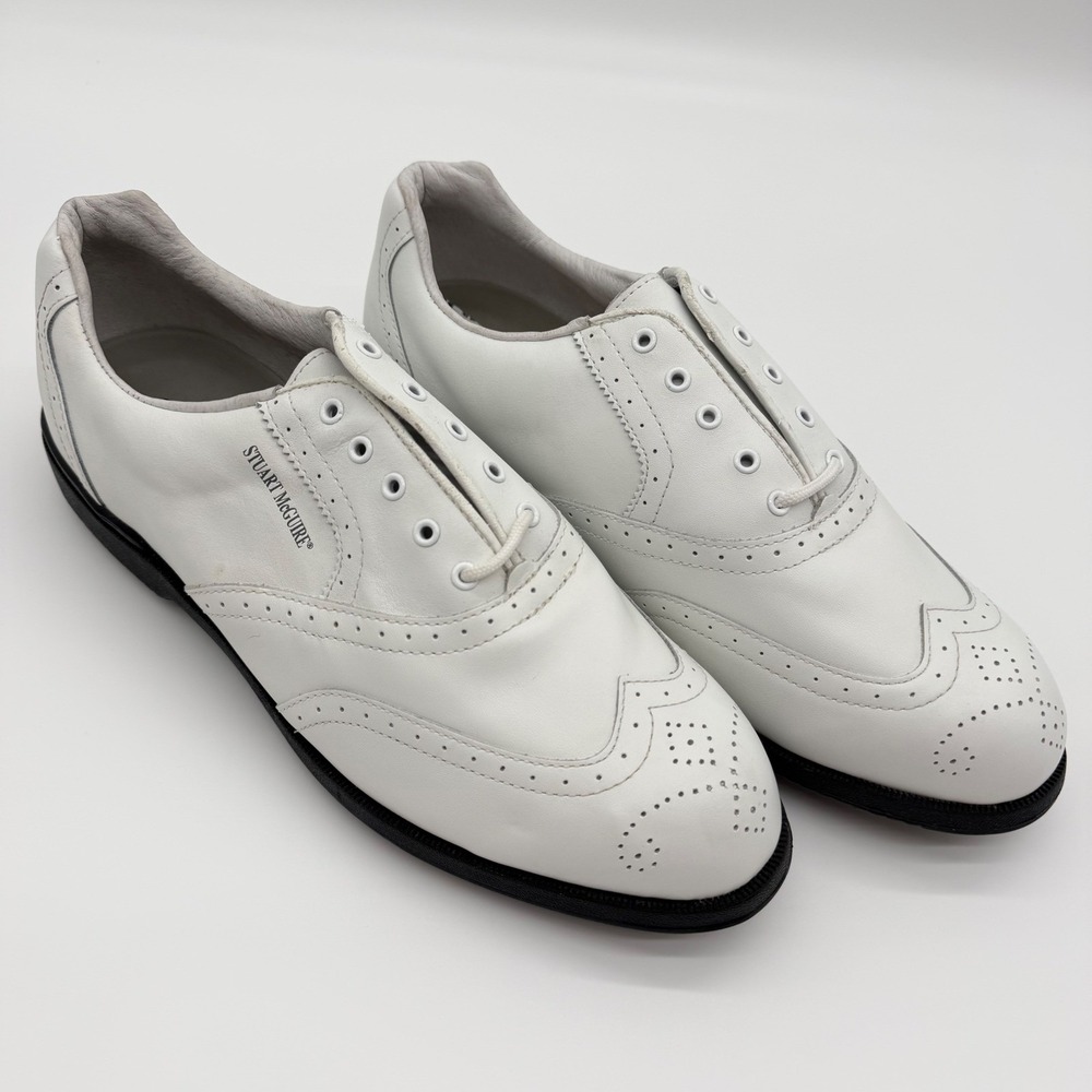 Stuart McGuire Mens White Leather Wingtip Golf Shoes Spiked 0712‎ W Size 10.5W